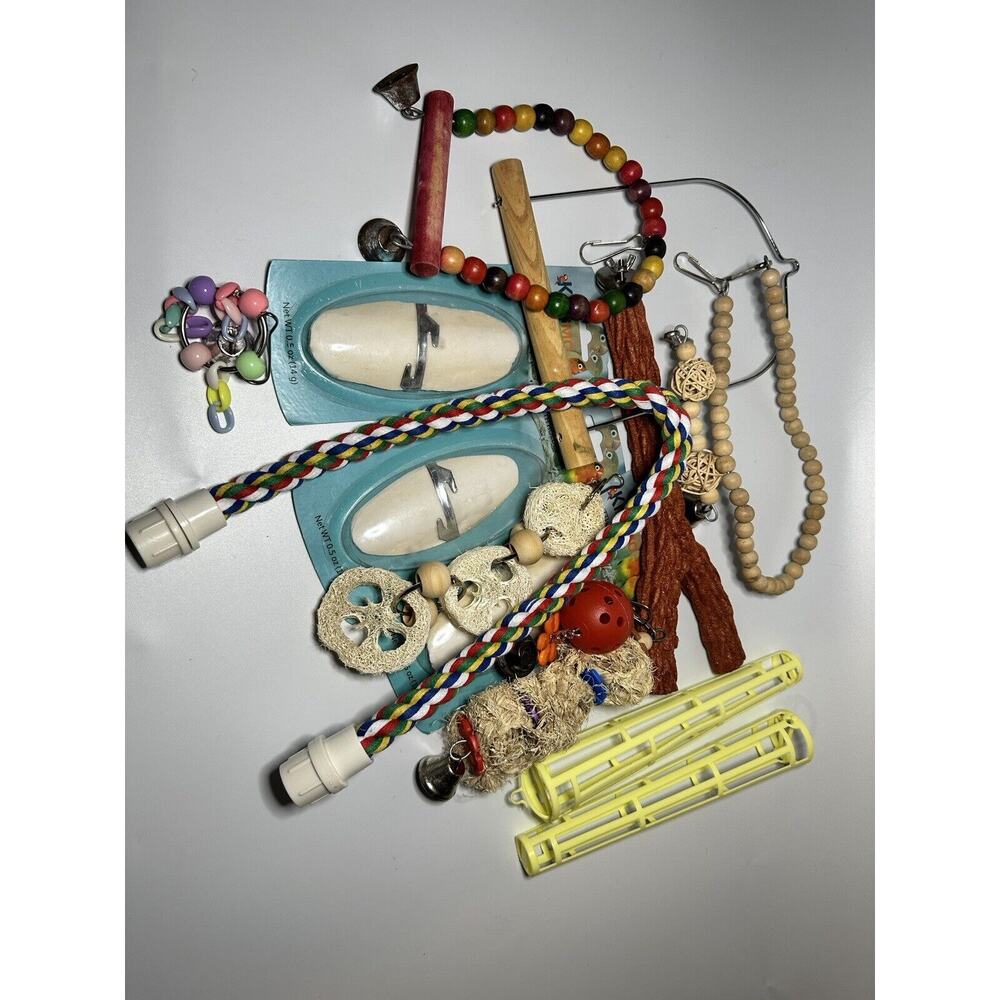 Parakeet Small Bird Toys Wood Cuttlebone Lot Of miscellaneous Accessories